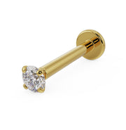 14k yellow gold 2mm diamond flat back labret stud with low-set martini prong setting, angled view