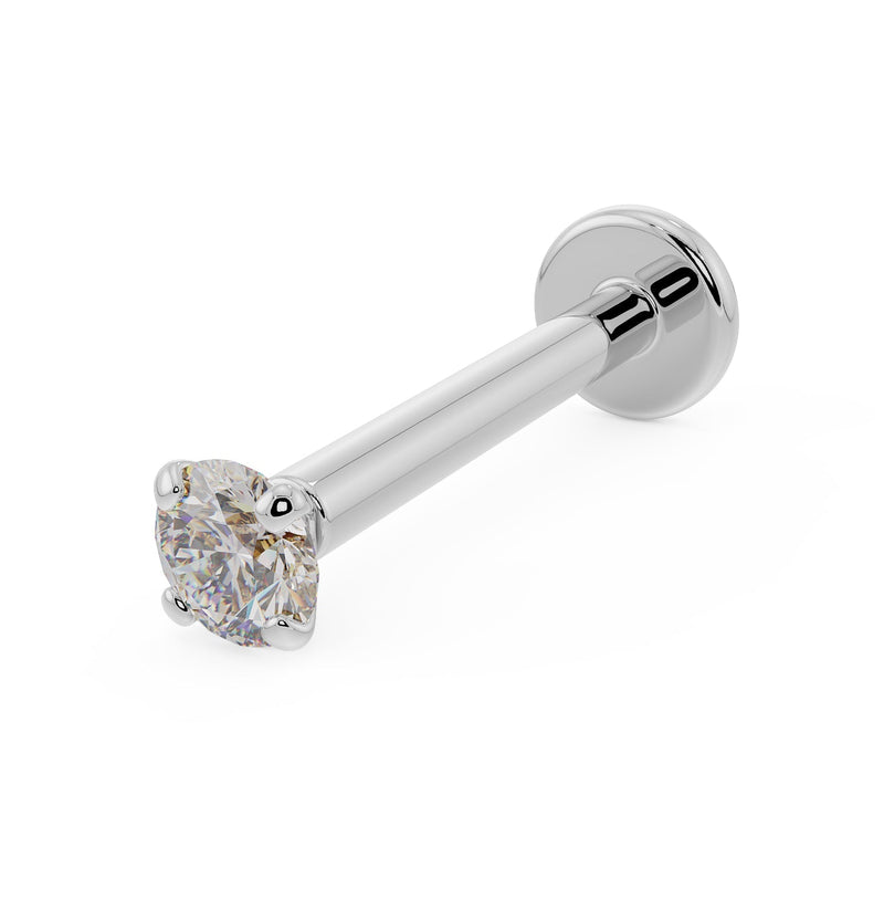 14k white gold 2mm CZ flat back labret stud with low 4-prong martini setting, angled product view