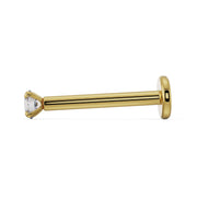 Side profile of 14k yellow gold 2mm diamond flat back labret showing post length and flat disc backing
