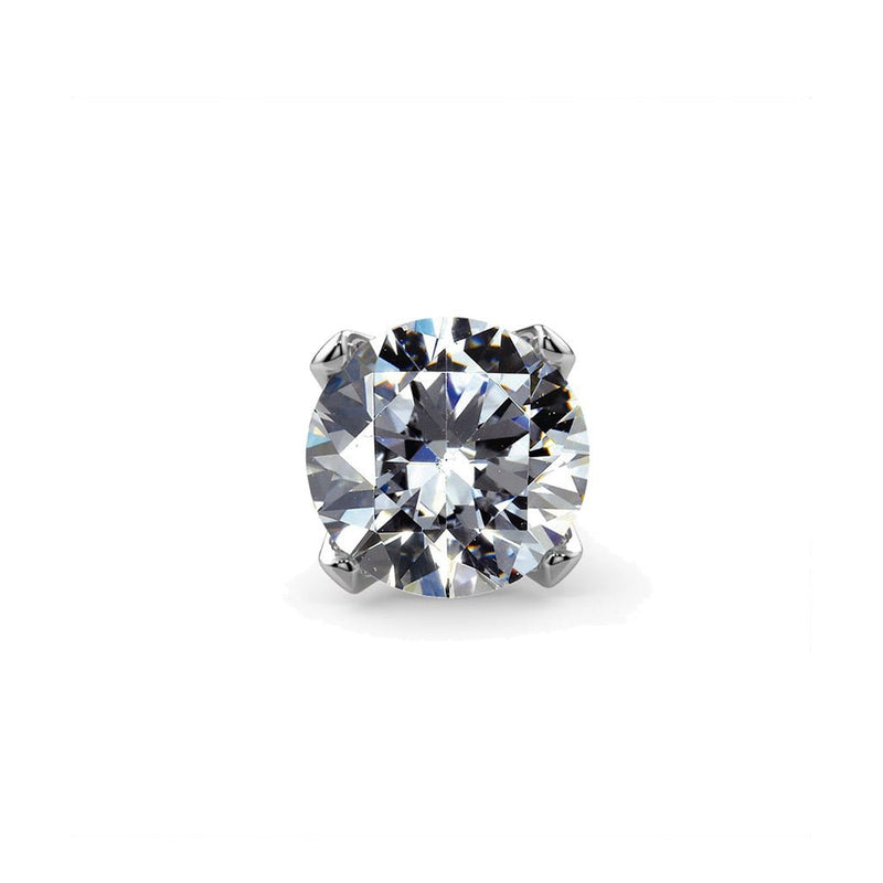 Extreme close-up of 2mm round CZ stone in 4-prong white gold setting showing facet detail and sparkle