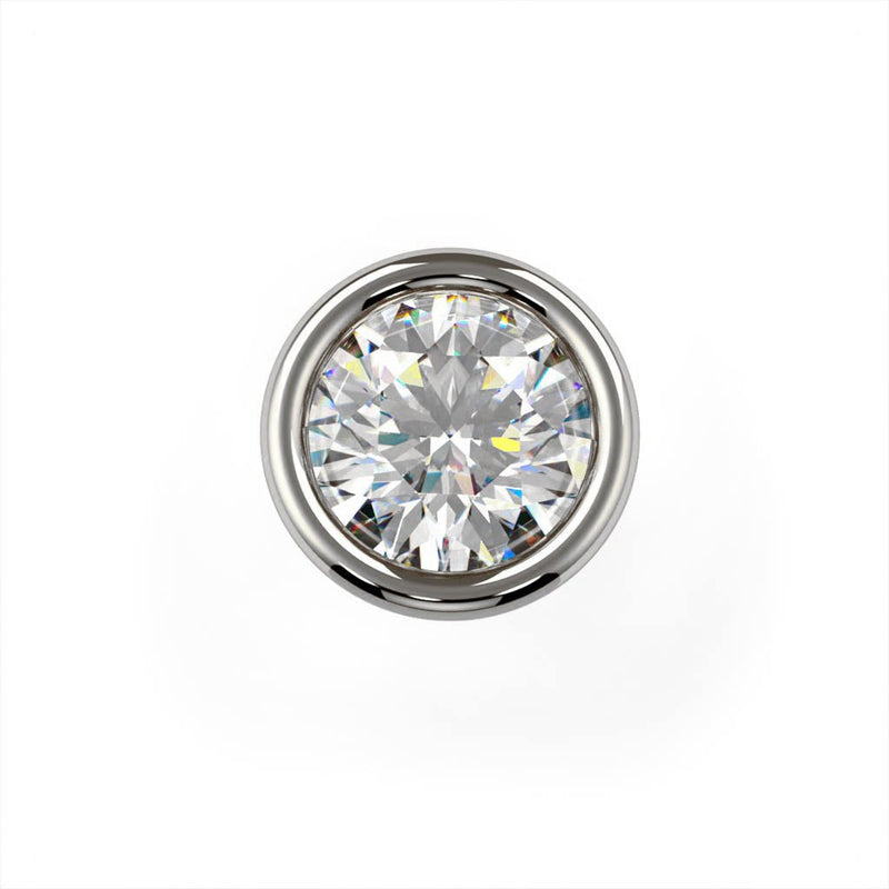 Close-up top-down view of 2.5mm round VS1 diamond in flush white gold bezel setting