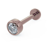 14k rose gold 2.5mm diamond bezel-set flat back labret, angled view showing warm pink-gold setting
