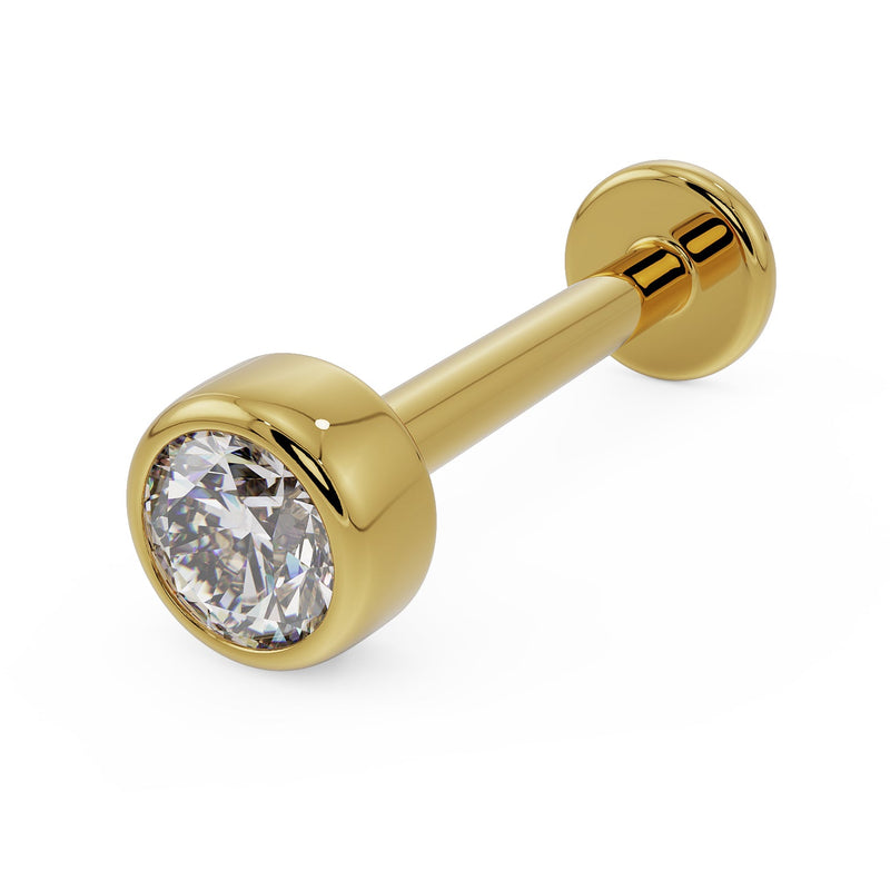 14k yellow gold 2.5mm diamond bezel labret, angled product shot on white background showing setting detail