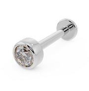 14k white gold 2.5mm diamond bezel-set flat back labret, angled view highlighting brilliant-cut stone