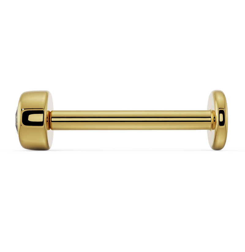 Side profile of 14k yellow gold diamond flat back labret showing post length and flat disc backing