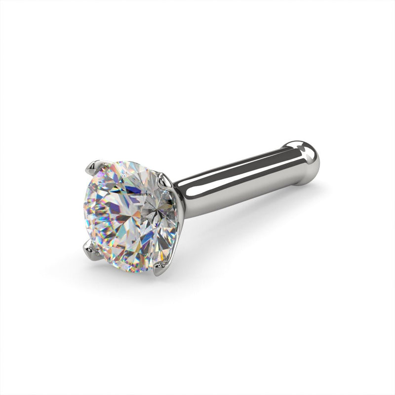14k white gold 2.5mm diamond bone nose stud, low side angle view showing post length and ball end