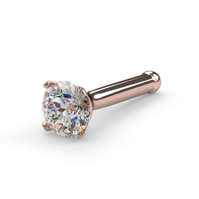 14k rose gold 2.5mm diamond bone nose stud, low side angle showing full post length and ball end