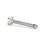Side view of 14k white gold 2mm diamond bone nose ring showing full straight post and ball end