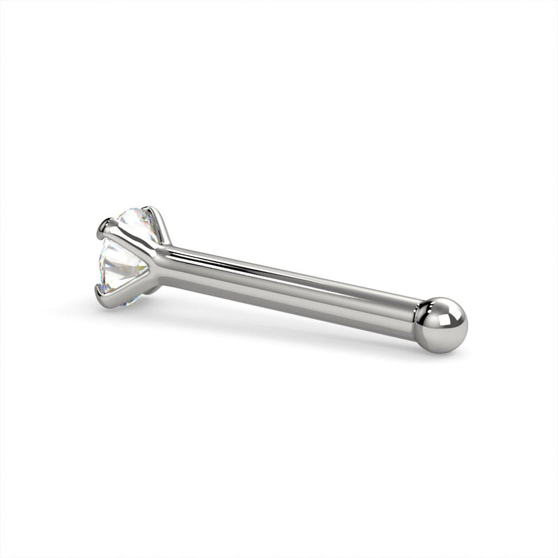 Side view of 14k white gold 2mm diamond bone nose ring showing full straight post and ball end