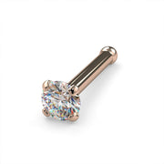 14k rose gold 2mm diamond bone nose ring 20G, angled view with prong-set diamond and ball post
