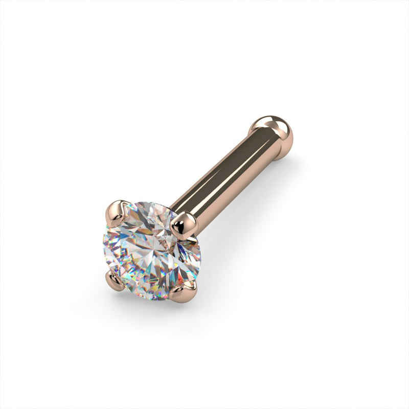 14k rose gold 2mm diamond bone nose ring 20G, angled view with prong-set diamond and ball post