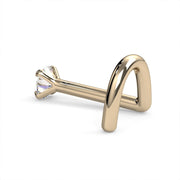 Side view of 14k yellow gold 2mm diamond nose ring twist, showing full curved post from side angle