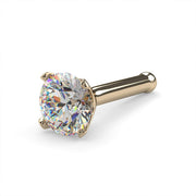 14k yellow gold 3mm diamond bone nose stud, 20G angled view showing large diamond and gold ball end