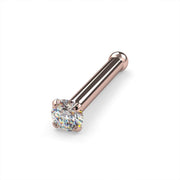 14k rose gold 1.5mm diamond nose bone stud, 20G, angled view showing rose gold finish