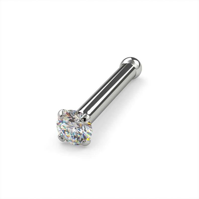 14k white gold 1.5mm diamond nose bone stud, 20G, angled view highlighting white gold finish