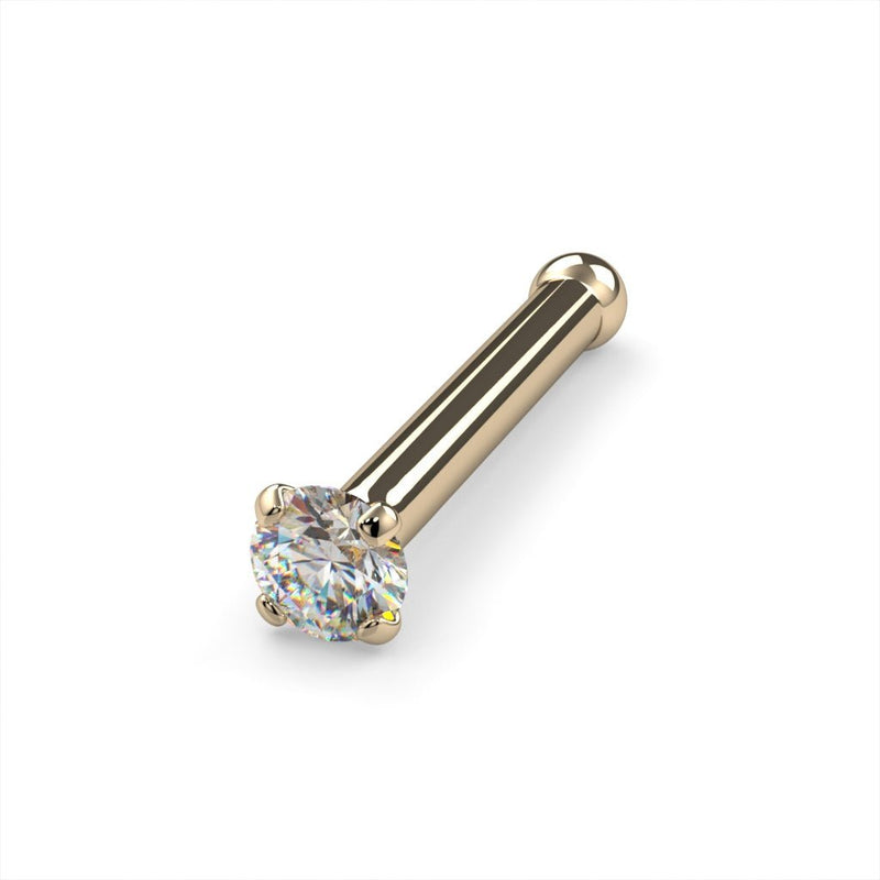 14k yellow gold 1.5mm diamond nose bone stud, 20G, angled side view with gold ball end