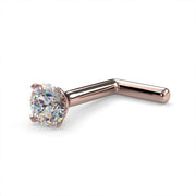 14k rose gold 2.5mm diamond L post nose stud, low side angle showing post length and stone from below