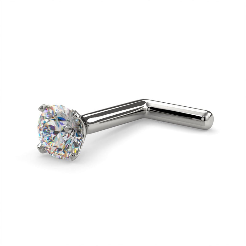 14k white gold 2.5mm diamond L post nose stud, low angle side view showing post profile and stone depth