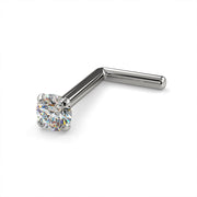 14k white gold 2mm diamond L-post nose ring 20G, front-angled view with 4-prong diamond setting