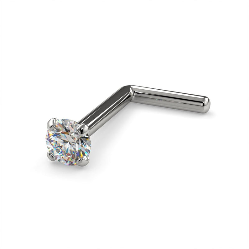 14k white gold 2mm diamond L-post nose ring 20G, front-angled view with 4-prong diamond setting