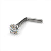 Platinum 2mm diamond L-post nose ring 20G, angled view with bright diamond and L-shaped platinum post