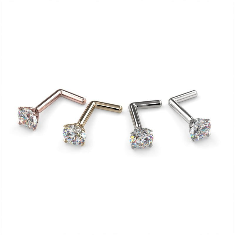 3mm diamond nose stud L post style in rose gold, yellow gold, white gold, and platinum, all four metals