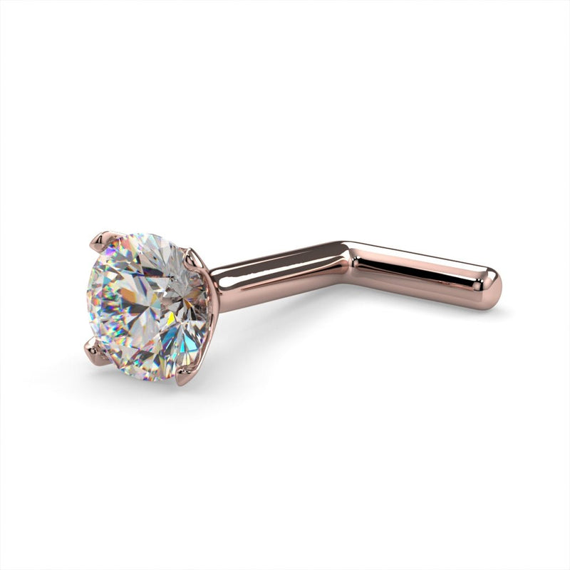 14k rose gold 3mm diamond L post nose stud, side-angled view with rose gold post and diamond prong setting