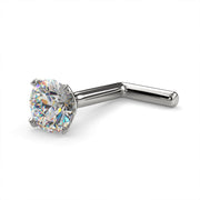 Platinum 3mm diamond L post nose stud, angled view showing L-shaped post and four-prong diamond head