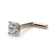 14k yellow gold 3mm diamond L post nose stud, side-angled view showing gold post end and prong head
