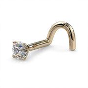 14k yellow gold 2.5mm diamond nose ring with twist post, angled view showing prong setting and curved end