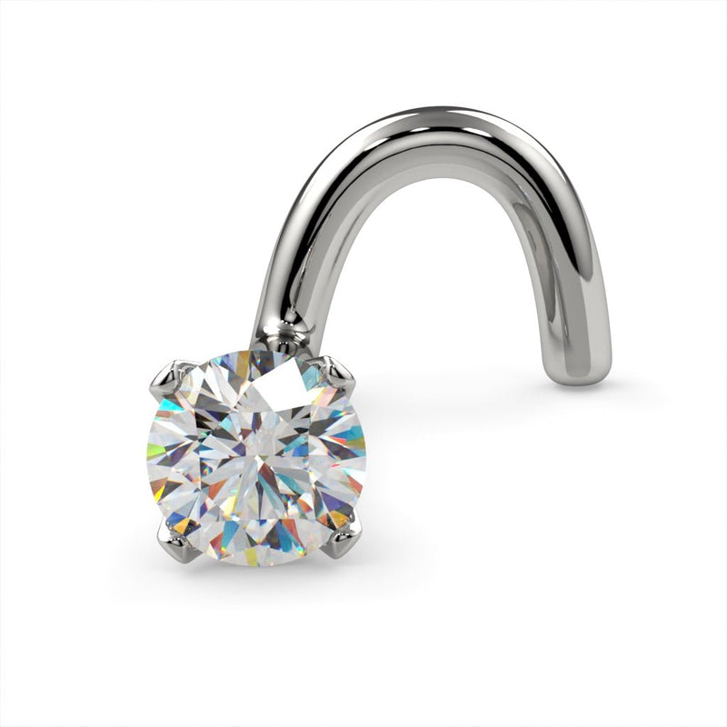 14k white gold 2.5mm diamond twist nose stud, three-quarter angle view showing screw post and stone