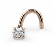 14k rose gold 2mm diamond twist nose ring 20G, angled view showing blush gold and clear diamond