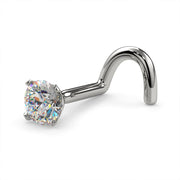 14k white gold 3mm diamond twist nose stud, angled side view showing prong setting and curved post detail