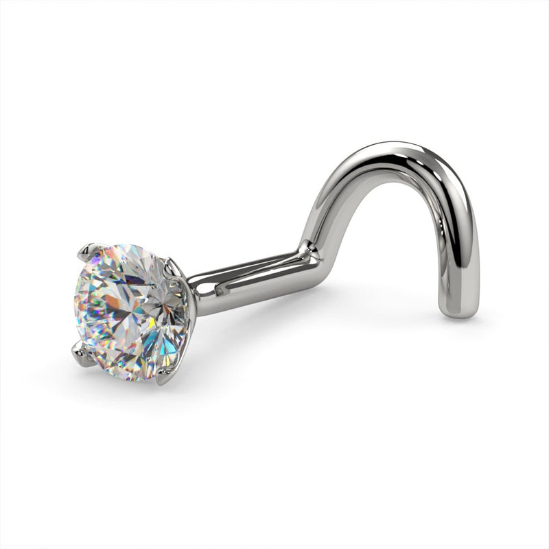14k white gold 3mm diamond twist nose stud, angled side view showing prong setting and curved post detail
