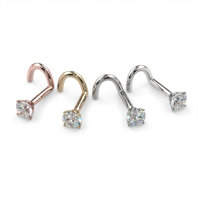 3mm diamond nose ring twist style in rose gold, yellow gold, white gold, and platinum, all four metals