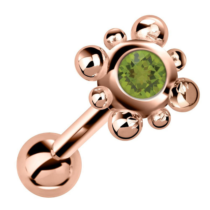 14k rose gold beaded bezel cartilage stud with lime green peridot gemstone, angled view