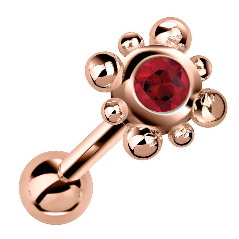 14k rose gold beaded bezel cartilage stud with vivid red ruby gemstone, angled product view