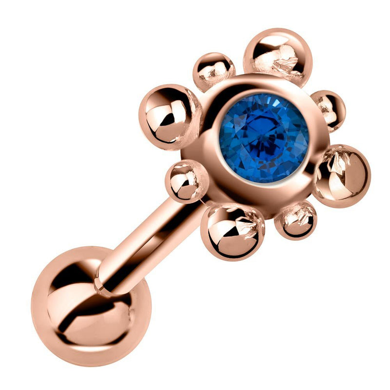 14k rose gold beaded bezel cartilage stud with blue sapphire gemstone, angled product view