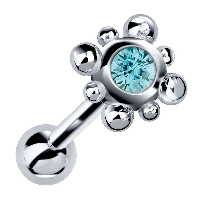 14k white gold beaded bezel cartilage stud with aquamarine gemstone, angled product view