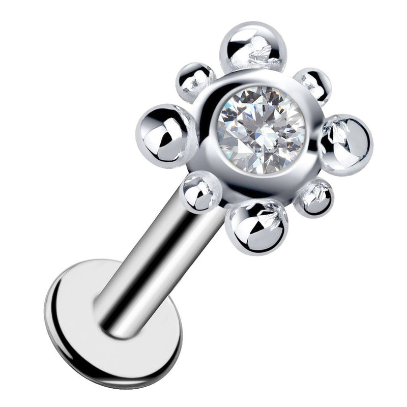 14k white gold beaded bezel-set diamond flat back labret stud with polished bead surround
