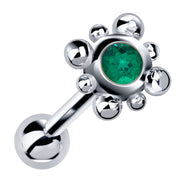 14k white gold beaded bezel cartilage stud with vivid green emerald gemstone, angled view
