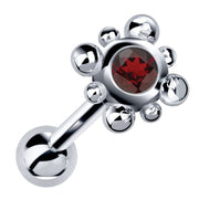 14k white gold beaded bezel cartilage stud with deep red garnet gemstone, angled view