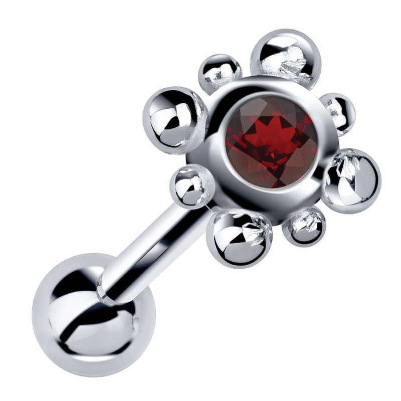 14k white gold beaded bezel cartilage stud with deep red garnet gemstone, angled view