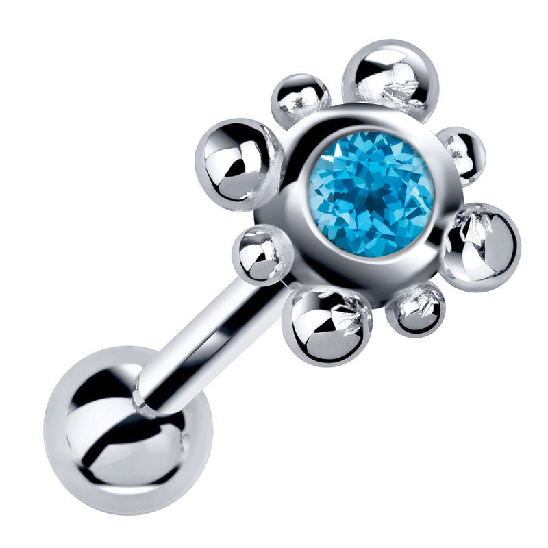 14k white gold beaded bezel cartilage stud with blue topaz gemstone, angled product view
