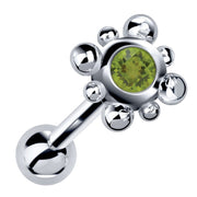 14k white gold beaded bezel cartilage stud with lime green peridot gemstone, angled view