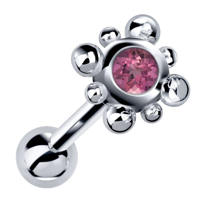 14k white gold beaded bezel cartilage stud with pink tourmaline gemstone, angled view
