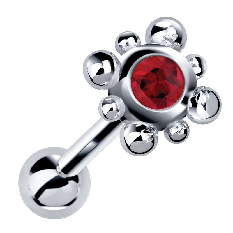 14k white gold beaded bezel cartilage stud with vivid red ruby gemstone, angled product view