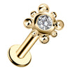 14k yellow gold beaded bezel-set diamond flat back labret stud, angled view showing post and disc