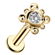 14k yellow gold beaded bezel-set diamond flat back labret stud, angled view showing post and disc