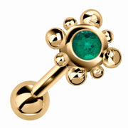 14k yellow gold beaded bezel cartilage stud with genuine emerald gemstone, angled view